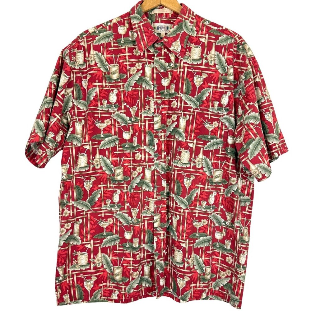 Vtg Campia Moda Hawaiian Aloha Shirt Sz Large Red Cotton Tropical Cocktail Print